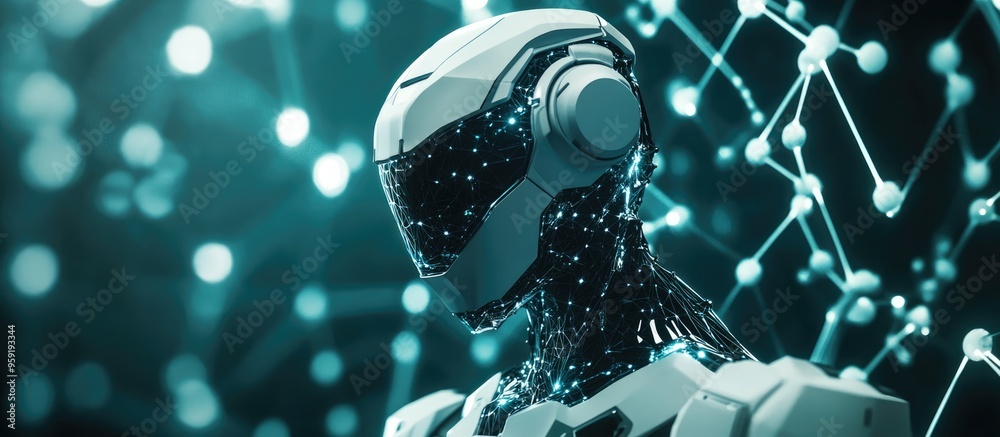 Poster graphene and polymer robot set against a digital backdrop showcasing advancements in robotics and fu