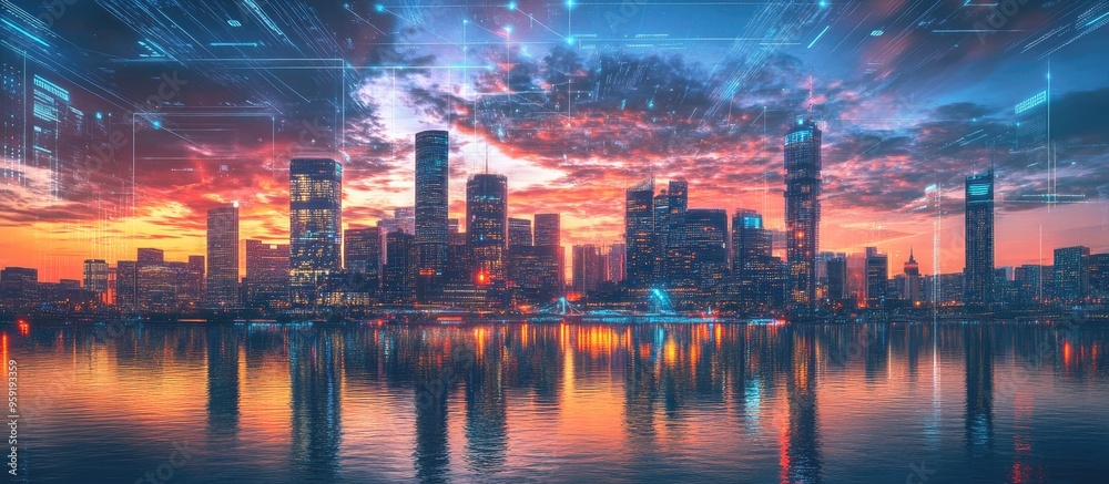Aufkleber panoramic view of a financial downtown skyline across a river featuring concepts of artificial intel