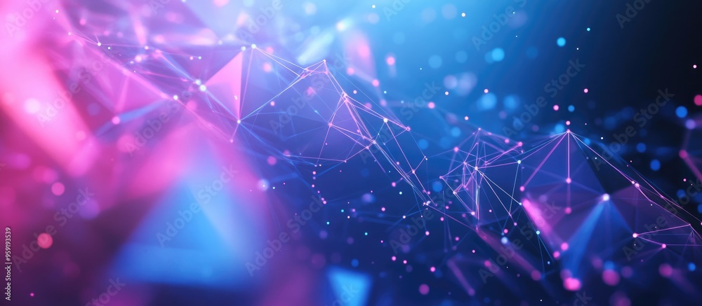 Poster abstract low poly triangle shapes connected by dots and lines in a dynamic network on a blue cyber s