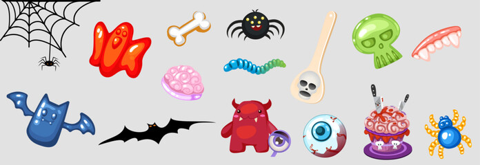 Happy Halloween day elements vector. Cute collection of creepy ghost, pumpkin, bat, candy, cat, skull, spider, grave, zombie hand. Adorable Halloween festival elements for decoration, prints