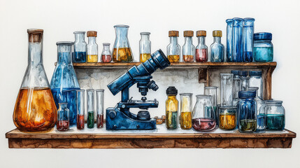 A watercolor illustration of a laboratory setting with a microscope and various beakers and vials.