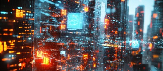 Obraz premium Digital hologram of 5G network and IoT set against an urban backdrop Double exposure showcasing a city with a CPU and wireless communication systems