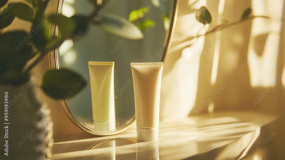 Aufkleber a tube of cream sits on a countertop, casting a reflection in the mirror, illuminated by warm sunlig