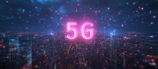 5G network digital holography and IoT on an urban backdrop showcasing wireless communication systems