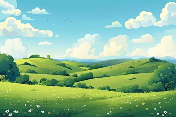 Obraz premium Green rolling hills under a bright blue sky with fluffy clouds