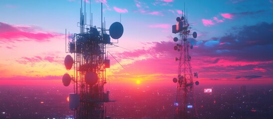 5G mobile cell tower at dawn featuring various shortwave and microwave antennas designed for telecommunications data transmission and broadcast signals