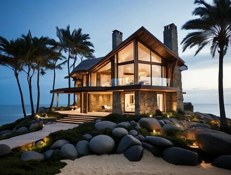 a cozy home at the beach, small House but luxury details, wood, stone are the main materials, use bir trees at he back Side of the House, big varenda next to the beach