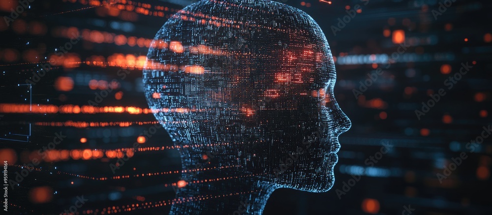Poster human big data visualization in a futuristic ai concept featuring a cyber mind aesthetic complex dat