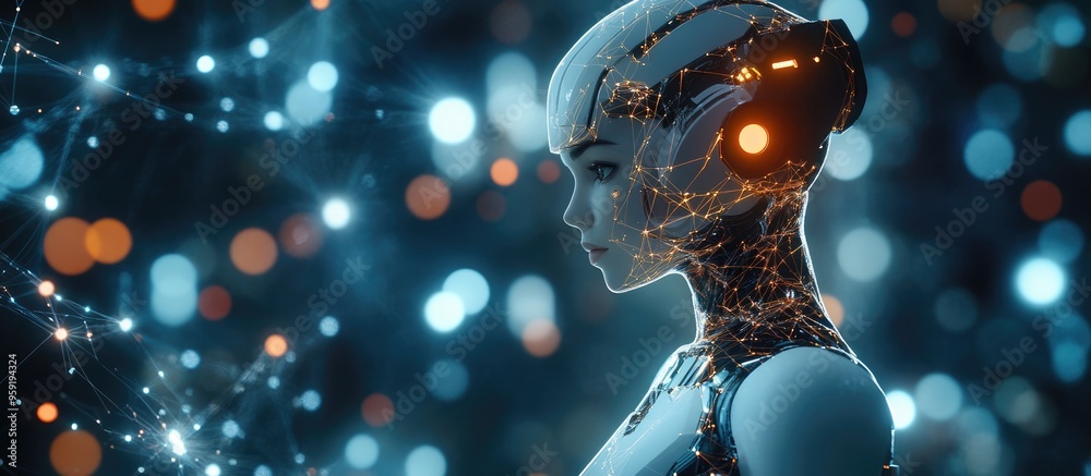 Poster white female robot amidst a blurred backdrop utilizing digital network connections in a 3d rendering