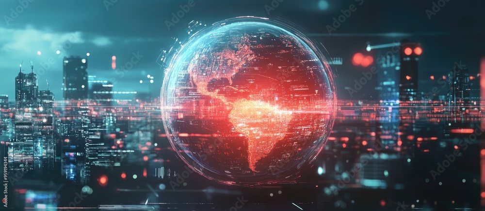 Poster abstract virtual robotics technology hologram featuring a globe illustration against a city skyline 