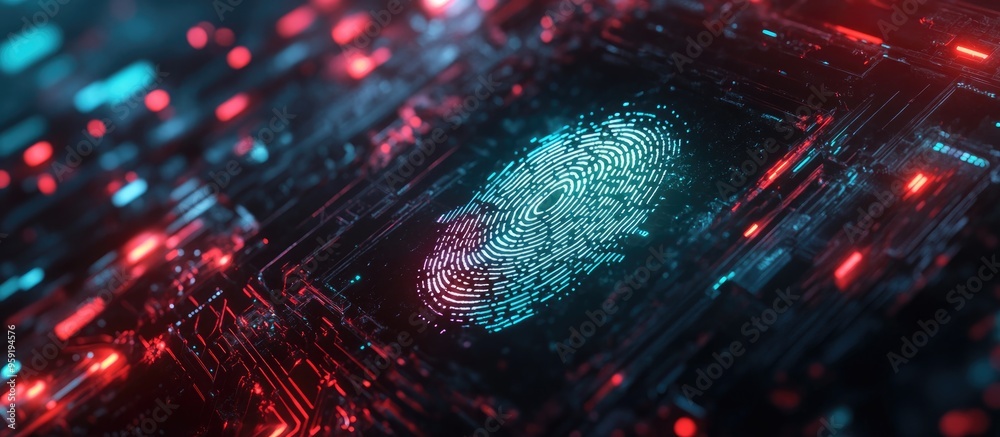 Poster fingerprint scanning and biometric authentication for securing devices emphasizing cybersecurity and