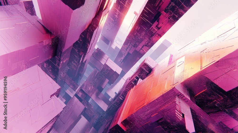 Poster abstract 3d rendering of geometric shapes featuring a unique perspective of an imaginative space or 