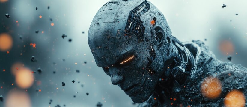 Cyborg in a state of confusion during an apocalypse depicted through a 3D illustration
