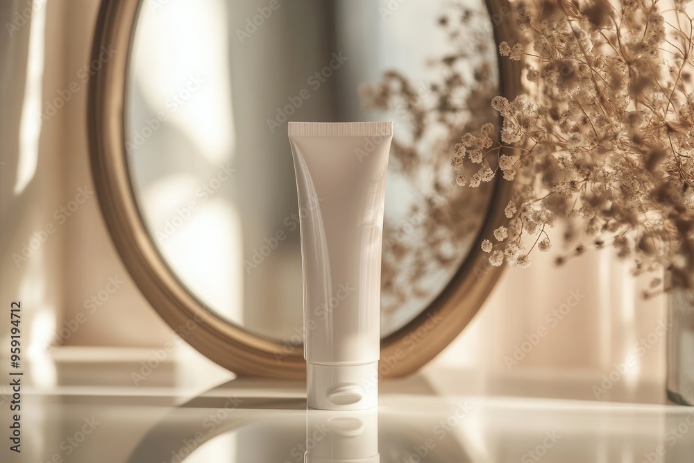 Poster a tube of cream stands on a bright surface, its reflection visible in a round mirror, surrounded by 
