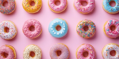This vibrant pastel donut arrangement, topped with delightful treats and presented on a cheerful pink background, is perfect for parties and joyous occasions filled with happiness and laughter