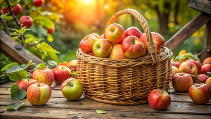 Harvested apples in a rustic basket
