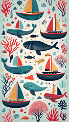 A whimsical pattern featuring fish, ships, coral,  seaweed, bouts, and whales on a white background. 