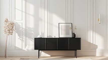 Elegant black sideboard with white vases against a white wall