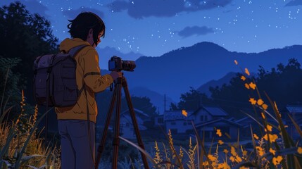 Fototapeta premium A young girl photographer captures the beauty of a night mountain landscape. He stands in a field with a backpack and uses a tripod for stability.