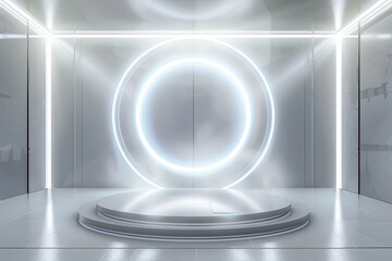 White Circular Platform with Glowing Neon Lights in a Sterile Room