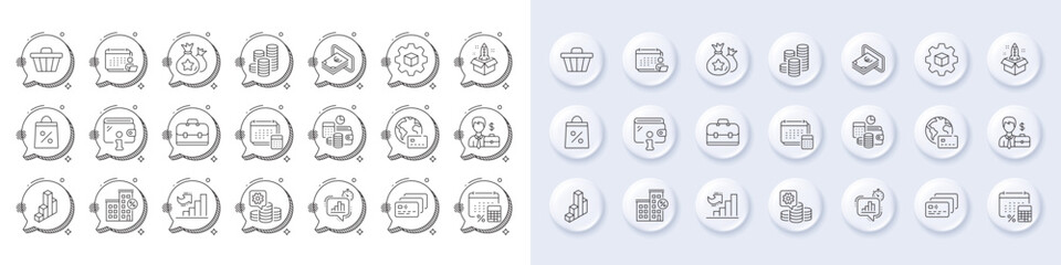 Startup, Accounting and Cash line icons. White pin 3d buttons, chat bubbles icons. Pack of Product development, Making money, Annual tax icon. Coins, Loan house, Budget accounting pictogram. Vector