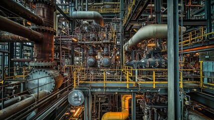 A Captivating View Inside an Industrial Facility, Showcasing a Complex Labyrinth of Pipes, Valves, and Machinery in Stunning Detail.