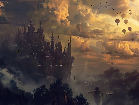 A majestic, floating castle with illuminated windows and hot air balloons in a cloudy sunset sky. - Powered by Adobe