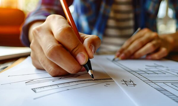 Hands drafting architectural plans with pencil, ruler, and laptop