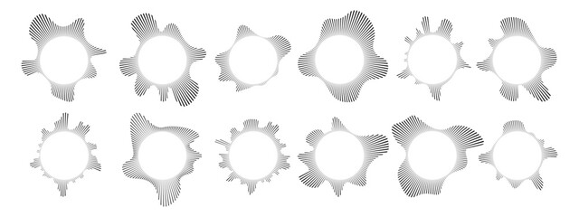Set of Circular Sound Waves .   Sound lines, radial spectrum, sound equalizers.  Circular geometric wavy frame. Radial spectrum design.  Vector illustration.