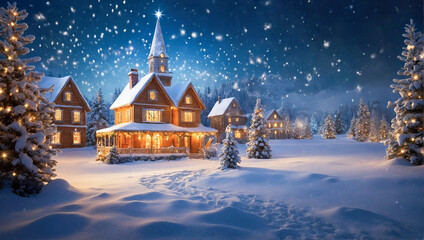Fototapeta premium A peaceful winter scene featuring two cozy cabins, Christmas trees lit with warm lights, and a starry night sky.
