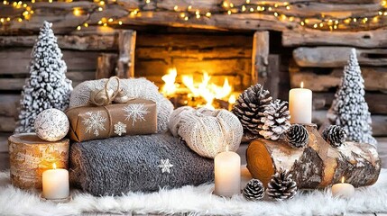   A mound of gifts resting atop a pile of wood near a crackling hearth with glowing candlesticks