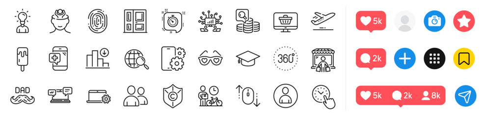 Plane, Teamwork and Notebook service line icons pack. Social media icons. Users, Fingerprint, Copyright protection web icon. Medical phone, Entrance, Internet chat pictogram. Vector