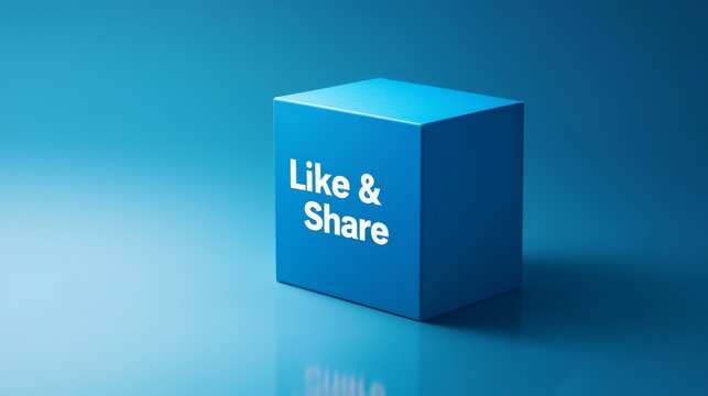 A modern blue box with bold white text inviting viewers to engage through sharing and liking - a visual call to action.