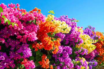 Obraz premium A vibrant display of bougainvillea flowers in full bloom, featuring bright pink, purple, orange, and yellow hues. sprawling blooms create vivid, natural scene ideal for nature or floral-themed designs