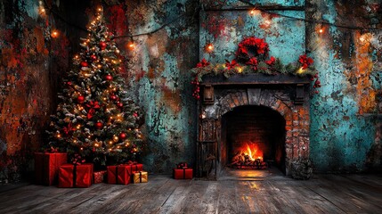   A Christmas tree and presents in front of a fireplace, with a tree in the foreground