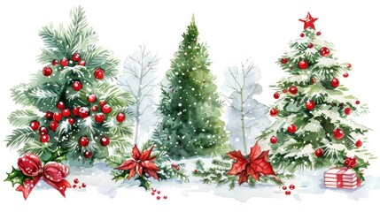 Beautifully decorated Christmas trees with shiny ornaments and festive lights on a white background, capturing the spirit of the winter holidays.