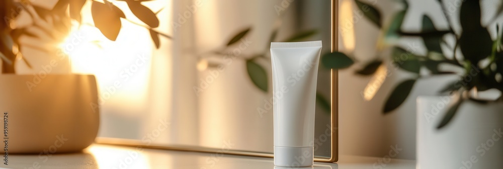 Aufkleber a tube of cream stands next to a mirror, capturing reflections of sunlight and surrounding plants in