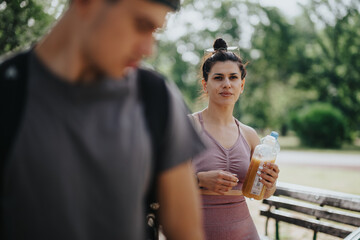 Young woman standing in a park holding a juice bottle after a workout, with a friend in the foreground.