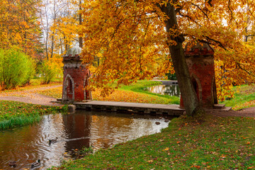 Red (Turkish) Cascade in autumn in Catherine park, Pushkin (Tsarskoe Selo), Saint Petersburg, Russia