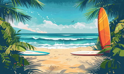 A flat vector of a beach with surfboards.