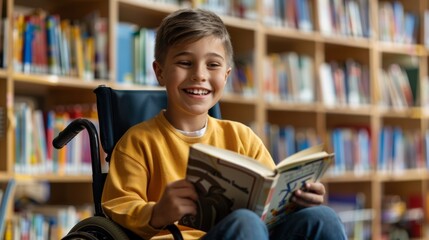 boy in a wheelchair studying in a library