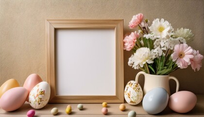 Large wooden frame with a white sheet surrounded by spring flowers and pastel colored Easter eggs...