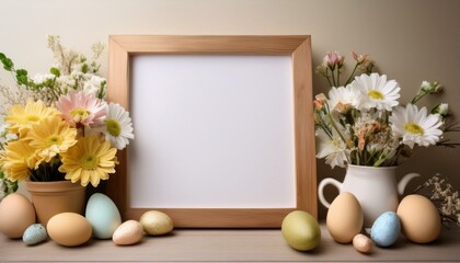 Large wooden frame with a white sheet surrounded by spring flowers and pastel colored Easter eggs...