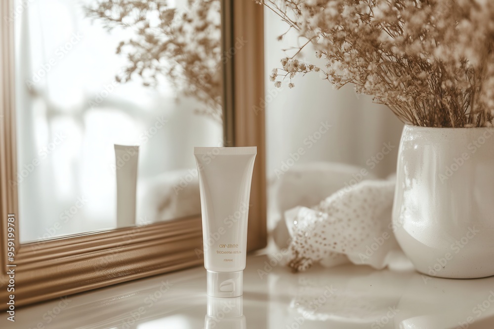 Poster a tube of cream is placed on a table, with its reflection visible in the mirror, surrounded by a war