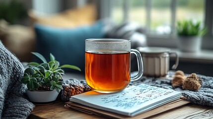 Mental health journaling a cozy desk setup featuring a handwritten journal mindfulness prompts and comforting tea in a peaceful space