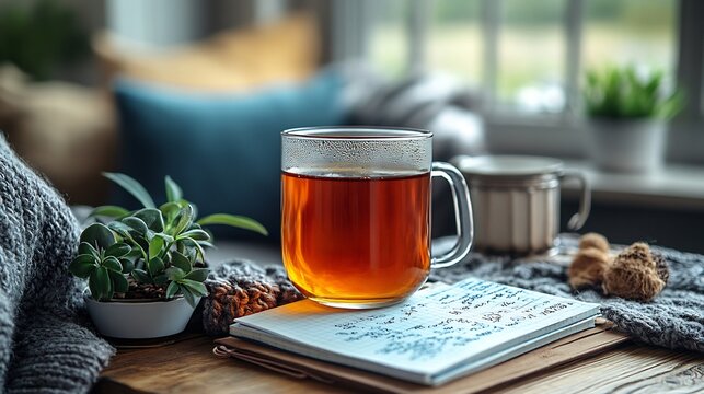 Mental health journaling a cozy desk setup featuring a handwritten journal mindfulness prompts and comforting tea in a peaceful space