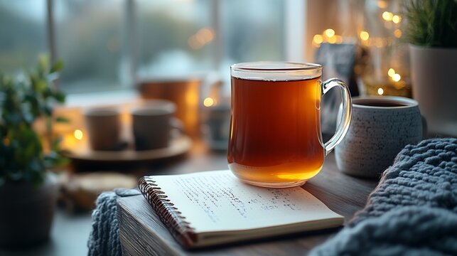Mental health journaling a cozy desk setup featuring a handwritten journal mindfulness prompts and comforting tea in a peaceful space