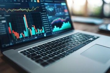 A person is analyzing data trends on a laptop, utilizing neural tools in a well-lit modern workspace.