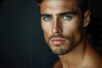 Fototapeta premium A young muscular male model poses confidently against a dark backdrop, showcasing his striking features and intense gaze