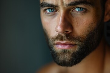Fototapeta premium A captivating portrait of a gay man with striking blue eyes and a well-groomed beard, captured in soft natural light